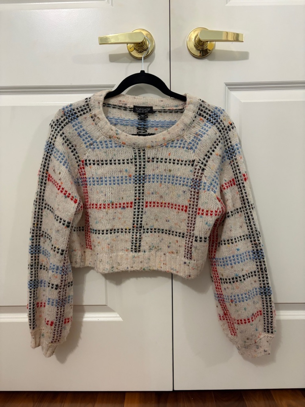 Topshop Cream Cropped Plaid Crewneck Sweater with Blue & Red Accents